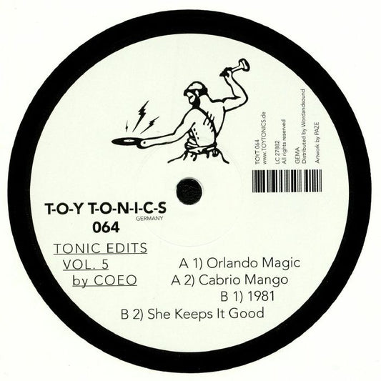 Portada trasera del vinilo COEO – Tonic Edits Vol. 5, editado por Toy Tonics en 12". Incluye tracklist con cuatro temas y detalles de producción.