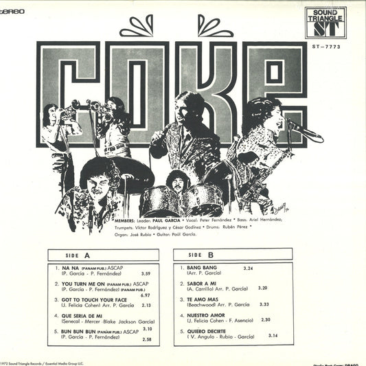 Contraportada del vinilo Coke – Coke con créditos completos, lista de canciones y arte en blanco y negro estilo setentero.