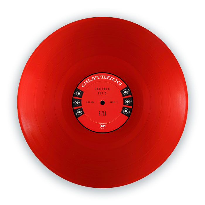 Vinilo 12" rojo Cratebug – Cratebug Edits, vista completa del lado A con la etiqueta "Fiya", prensado por Bug Records (CHGO).