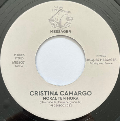 Lado A del vinilo Cristina Camargo – Moral Tem Hora / Minas Do Rei Salomão; etiqueta MESS001 con “Moral Tem Hora”.