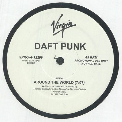Daft Punk – Around The World en vinilo, lado A con etiqueta Virgin, versión original, SPRO-A-12299 y 45 RPM.