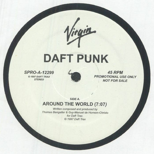 Daft Punk – Around The World en vinilo, lado A con etiqueta Virgin, versión original, SPRO-A-12299 y 45 RPM.