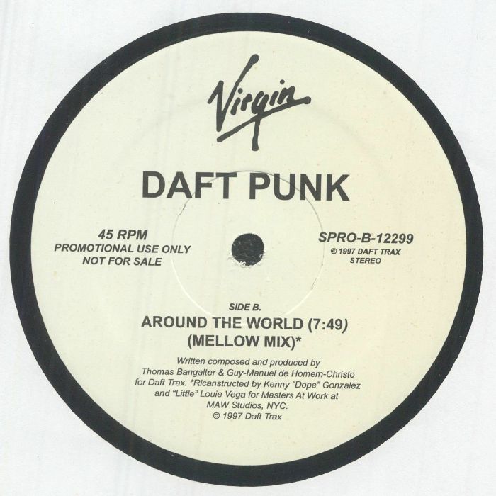 Lado B del vinilo Daft Punk – Around The World, etiqueta Virgin con Mellow Mix, SPRO-B-12299 y créditos de remix.