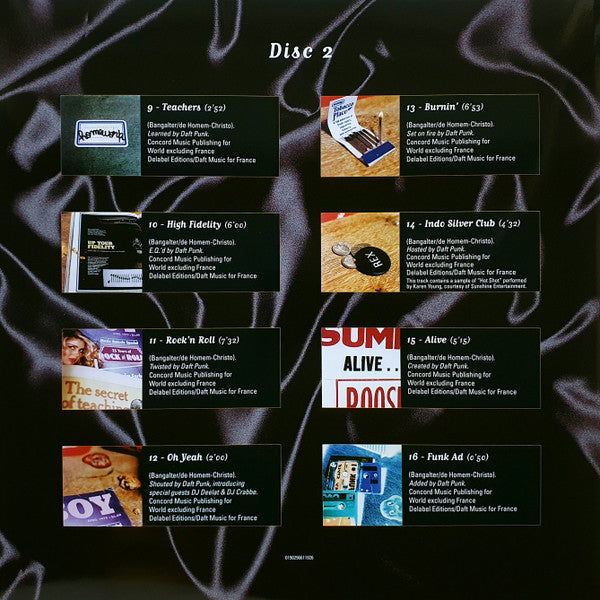 Insert del vinilo Daft Punk – Homework con visual de "Disc 2", mostrando las miniaturas de las pistas 9 a 16. Diseño visual sobre fondo satinado, ideal para DJs y coleccionistas.