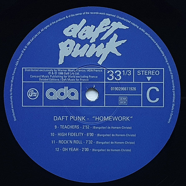 Etiqueta del lado C del vinilo Daft Punk – Homework, con cuatro canciones como Teachers y Rock’n Roll. Información visible del catálogo y autores.