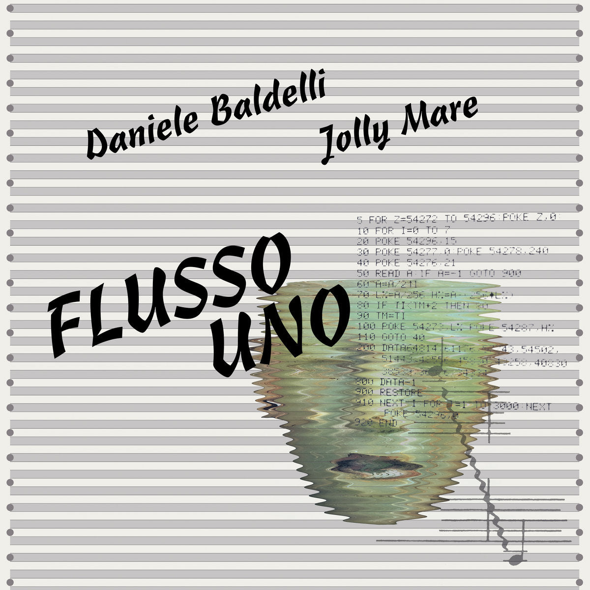 Portada del vinilo Daniele Baldelli & Jolly Mare – Flusso Uno, diseño con líneas tipo libreta y tipografía negra sobre fondo claro, estilo gráfico minimal del EP 12" de International Feel Recordings.