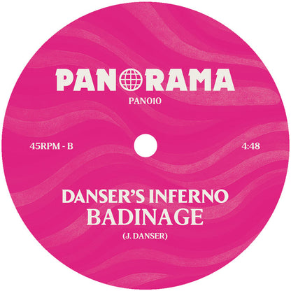 Lado B del vinilo Danser's Inferno – Sombre Guitar en Panorama, etiqueta rosa psicodélica, pista Badinage, 45RPM, duración 4:48.