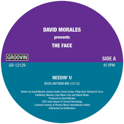 Etiqueta central del vinilo David Morales Presents The Face – Needin' U, lado A, incluye duración, créditos y mezcla Boss Anthem.