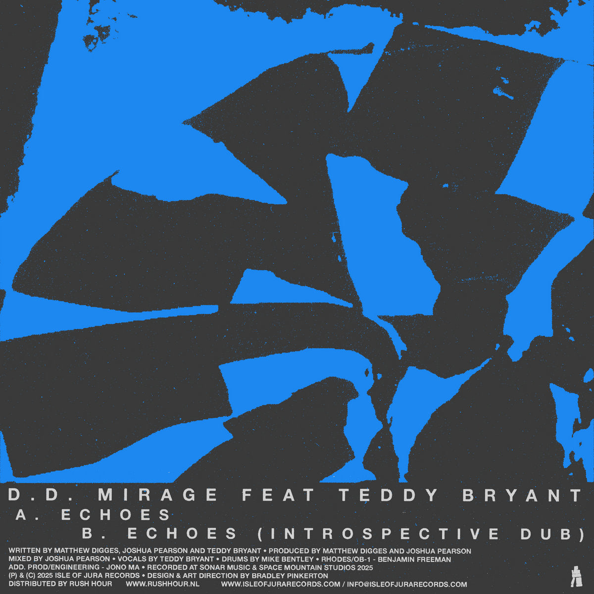 Contraportada del vinilo 10" D.D. Mirage Feat. Teddy Bryant – Echoes en Isle Of Jura, diseño abstracto azul y negro con tracklist y créditos completos.
