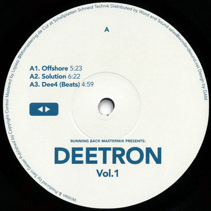Etiqueta del lado A del vinilo Deetron – Running Back Mastermix: Deetron Vol. 1 mostrando duración y títulos Offshore, Solution y Dee4 (Beats), con créditos y arte minimalista.