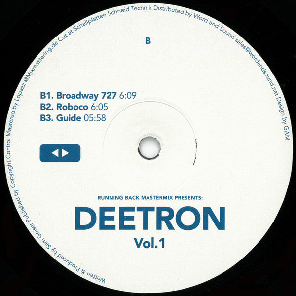Etiqueta central del lado B del vinilo Deetron – Running Back Mastermix: Deetron Vol. 1 con pistas Broadway 727, Roboco y Guide, duraciones claras y diseño limpio de Running Back.