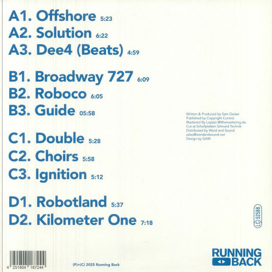 Contraportada del vinilo Deetron – Running Back Mastermix: Deetron Vol. 1 con listado completo de pistas del 2xLP en Running Back, créditos nítidos y diseño limpio en azul sobre blanco.