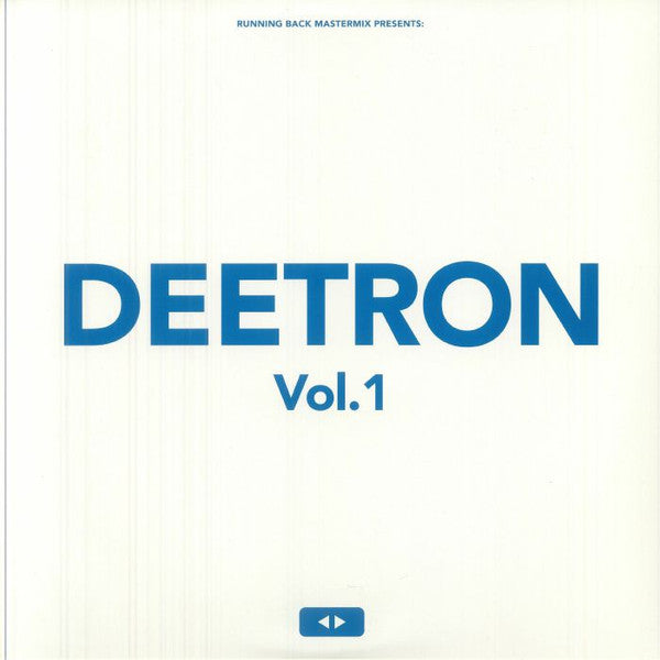 Portada del vinilo Deetron – Running Back Mastermix: Deetron Vol. 1 en formato 2xLP de Running Back, con diseño minimalista en blanco y tipografía azul centrada.