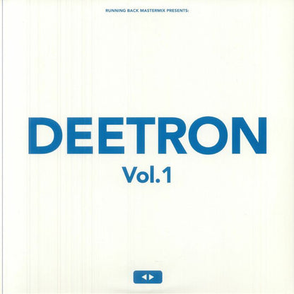 Portada del vinilo Deetron – Running Back Mastermix: Deetron Vol. 1 en formato 2xLP de Running Back, con diseño minimalista en blanco y tipografía azul centrada.