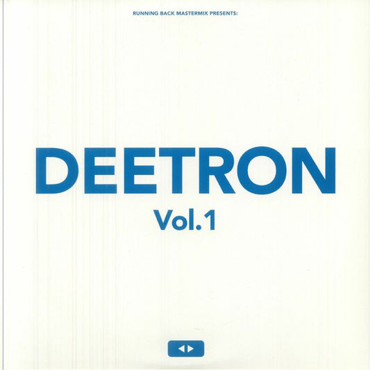 Portada del vinilo Deetron – Running Back Mastermix: Deetron Vol. 1 en formato 2xLP de Running Back, con diseño minimalista en blanco y tipografía azul centrada.