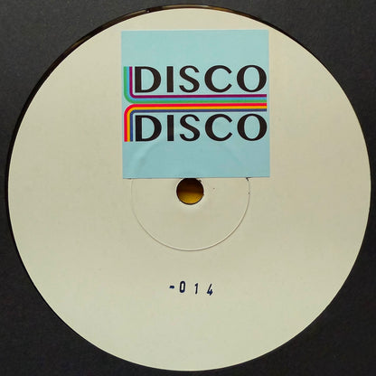 Lado A del vinilo Delfonic – Lets Get It On EP 12" con etiqueta blanca, logo Disco Disco Records y código manuscrito -014 visible en el centro.