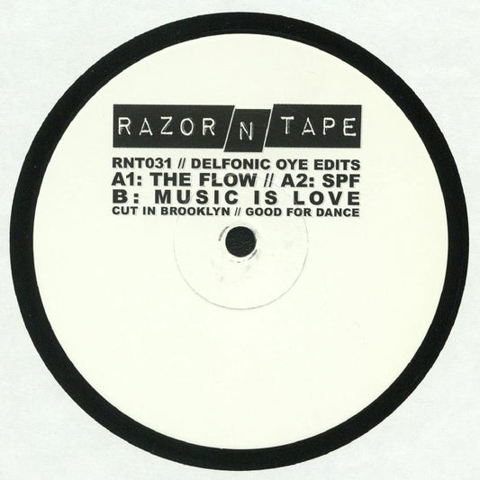 Portada delantera del vinilo Delfonic – Delfonic Oye Edits, con detalles de las canciones y el sello Razor-N-Tape. El vinilo es un white label, estampado.