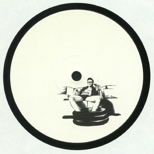 Contraportada del vinilo Delfonic – Delfonic Oye Edits, con la ilustración y créditos de Razor-N-Tape. El vinilo es un white label, estampado.