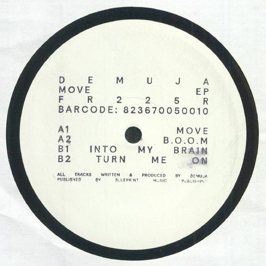 Portada trasera del vinilo Demuja - Move E.P. en Freerange Records (12"). Incluye la lista de canciones con créditos de producción y publicación.