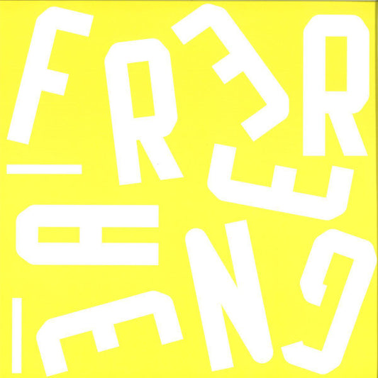 Portada delantera del vinilo Demuja - Move E.P. publicado en Freerange Records en formato 12". Diseño tipográfico en blanco sobre fondo amarillo.