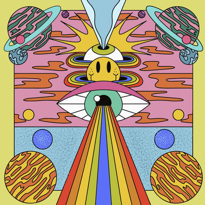 Arte psicodélico del vinilo Destino Sonido – Somos Espacio: Parte 1 de Super Spicy Records, edición limitada turquesa con diseño cósmico lleno de planetas, arcoíris y formas retro que evocan viajes espaciales y energía vibrante.