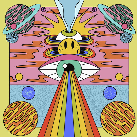Arte psicodélico del vinilo Destino Sonido – Somos Espacio: Parte 1 de Super Spicy Records, edición limitada turquesa con diseño cósmico lleno de planetas, arcoíris y formas retro que evocan viajes espaciales y energía vibrante.