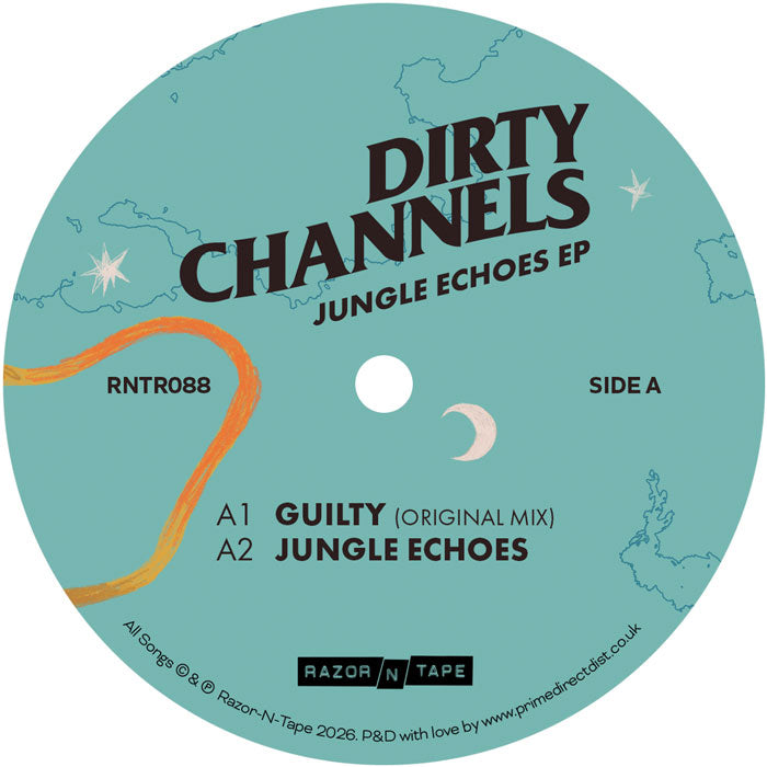 Lado A del vinilo Dirty Channels – Jungle Echoes EP: etiqueta turquesa con A1, A2, catálogo RNTR088 y sello Razor-N-Tape.