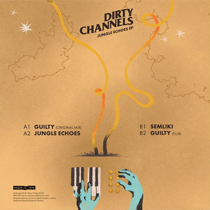 Contraportada del vinilo Dirty Channels – Jungle Echoes EP con tracklist, arte de teclas y trazos sobre fondo ocre.