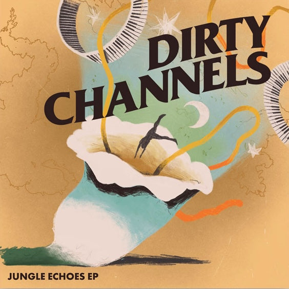 Portada del vinilo Dirty Channels – Jungle Echoes EP con arte abstracto, figuras, mapas y tipografía negra.
