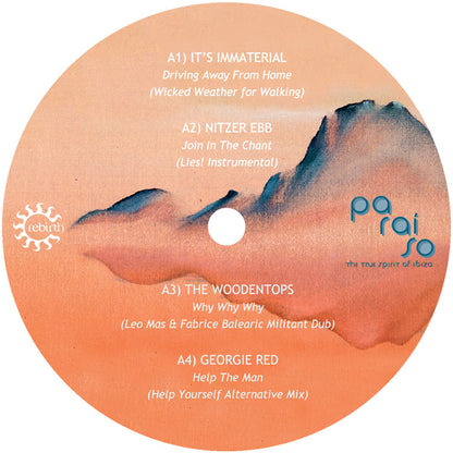 Lado A de vinilo DJ Alfredo – Paraiso (The True Spirit Of Ibiza), etiqueta con pistas A1–A4 y diseño paisajístico suave estilo Ibiza.