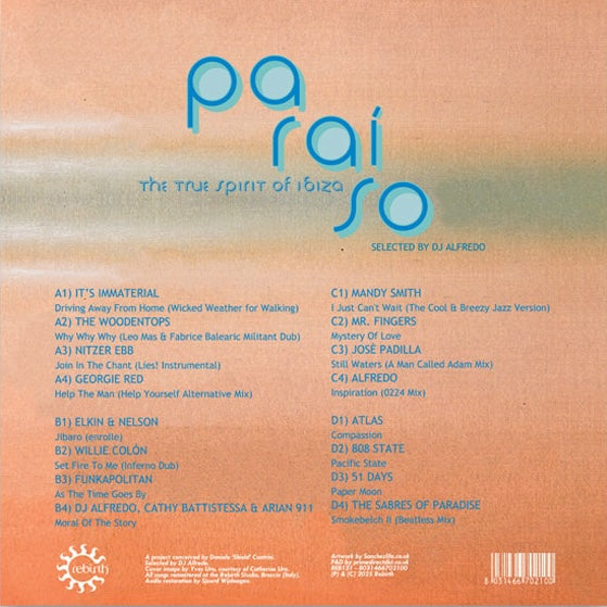Contraportada de vinilo DJ Alfredo – Paraiso (The True Spirit Of Ibiza), tracklist completa del doble LP en fondo degradado cálido.