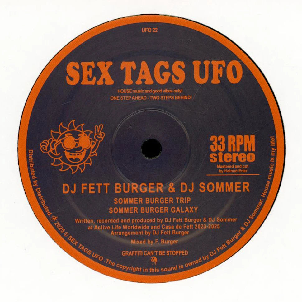 Etiqueta lado A del vinilo DJ Fett Burger & Dj Sommer – Sommer Burger House Life Vol 2 con pistas Sommer Burger Trip y Sommer Burger Galaxy y créditos Sex Tags UFO.