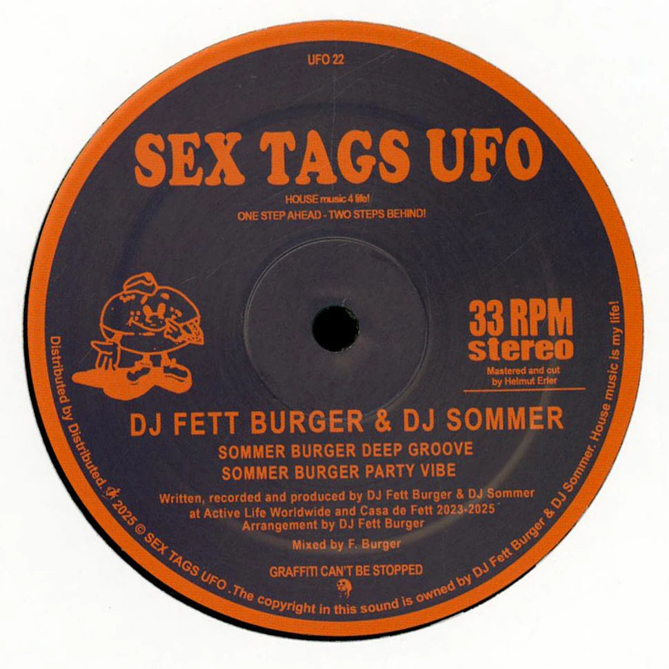 Etiqueta lado B del vinilo DJ Fett Burger & Dj Sommer – Sommer Burger House Life Vol 2 con temas Sommer Burger Deep Groove y Party Vibe bajo el sello Sex Tags UFO.