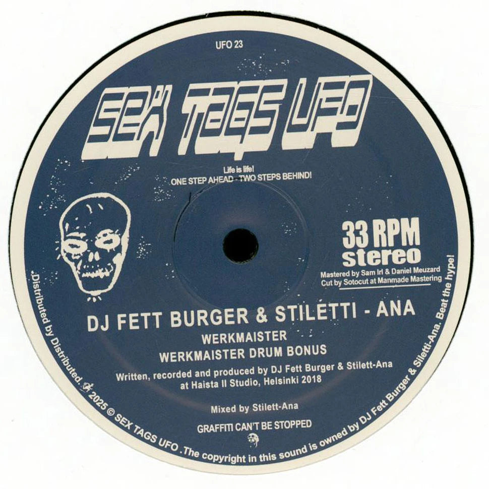 Etiqueta del lado A del vinilo DJ Fett Burger & Stiletti-Ana – Werkmaister en 12", con pistas Werkmaister y Werkmaister Drum Bonus, créditos y diseño azul de Sex Tags UFO.