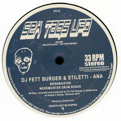 Etiqueta del lado A del vinilo DJ Fett Burger & Stiletti-Ana – Werkmaister en 12", con pistas Werkmaister y Werkmaister Drum Bonus, créditos y diseño azul de Sex Tags UFO.