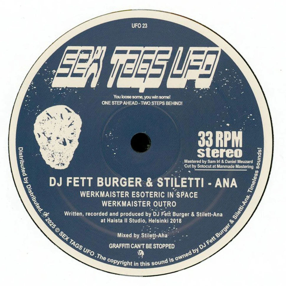 Etiqueta del lado B del vinilo DJ Fett Burger & Stiletti-Ana – Werkmaister en 12", con pistas Werkmaister Esoteric in Space y Werkmaister Outro, y arte azul del sello Sex Tags UFO.