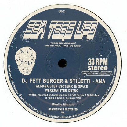 Etiqueta del lado B del vinilo DJ Fett Burger & Stiletti-Ana – Werkmaister en 12", con pistas Werkmaister Esoteric in Space y Werkmaister Outro, y arte azul del sello Sex Tags UFO.