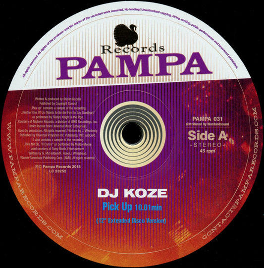 Etiqueta central del vinilo DJ Koze – Pick Up (12") de Pampa Records, lado A con “Pick Up”, versión disco extendida de 10:01 min.