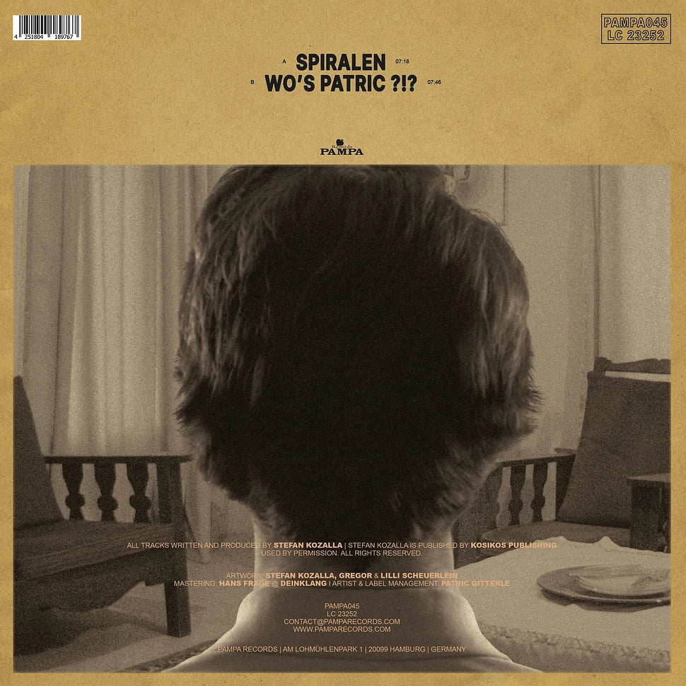 Contraportada del vinilo DJ Koze – Spiralen 12" de Pampa Records, con listado de pistas Spiralen y Wo's Patric ?!?, créditos y foto trasera en sepia.