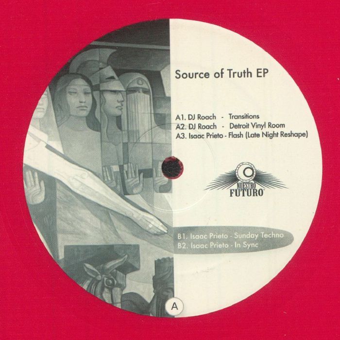 Lado A del vinilo Dj Roach & Isaac Prieto – Source Of Truth EP, etiqueta con tracklist A1–B2 y arte ilustrado en blanco y negro, sello Detroit Vinyl Room.