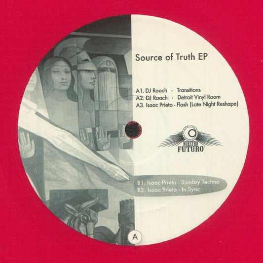 Lado A del vinilo Dj Roach & Isaac Prieto – Source Of Truth EP, etiqueta con tracklist A1–B2 y arte ilustrado en blanco y negro, sello Detroit Vinyl Room.