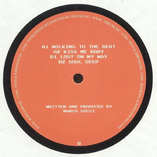 Portada trasera del vinilo DJ Soch – Deep Inside EP publicado en el sello Chiwax. Texto impreso: A1 WOLKING TO THE BEAT, A2 KISS ME BABY, B1 LOST ON MY WAY, B2 SOUL DEEP, WRITTEN AND PRODUCED BY MARCO SOCCI, B.