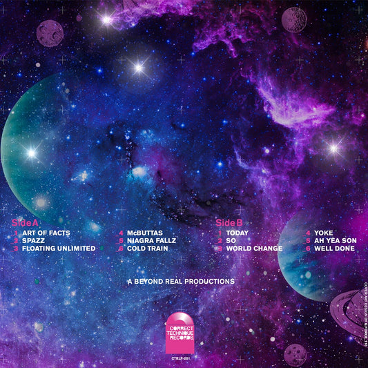 Contraportada del vinilo DJ Spinna – 1998 Beat Tape en formato LP de Correct Technique Records con lista de pistas de los lados A y B sobre un cielo cósmico púrpura.