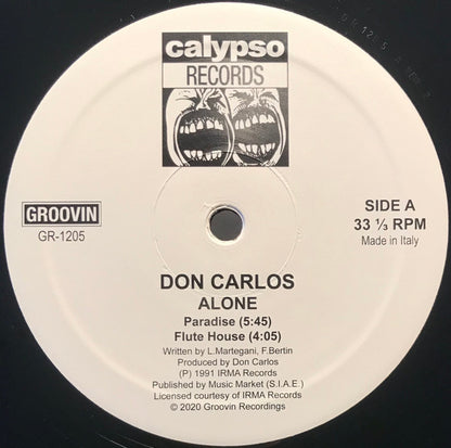 Lado A del vinilo Don Carlos – Alone; etiqueta blanca con “Paradise”, “Flute House”, catálogo GR-1205 y 33⅓ RPM.