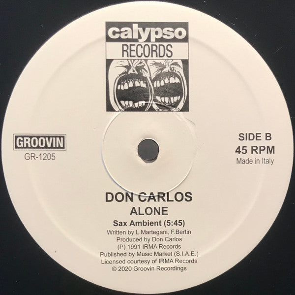 Lado B del vinilo Don Carlos – Alone; etiqueta blanca con “Sax Ambient”, catálogo GR-1205 y velocidad de 45 RPM.