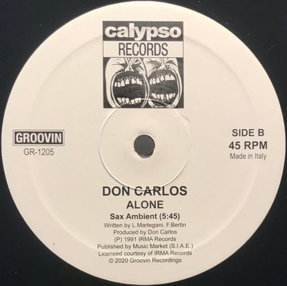Lado B del vinilo Don Carlos – Alone; etiqueta blanca con “Sax Ambient”, catálogo GR-1205 y velocidad de 45 RPM.