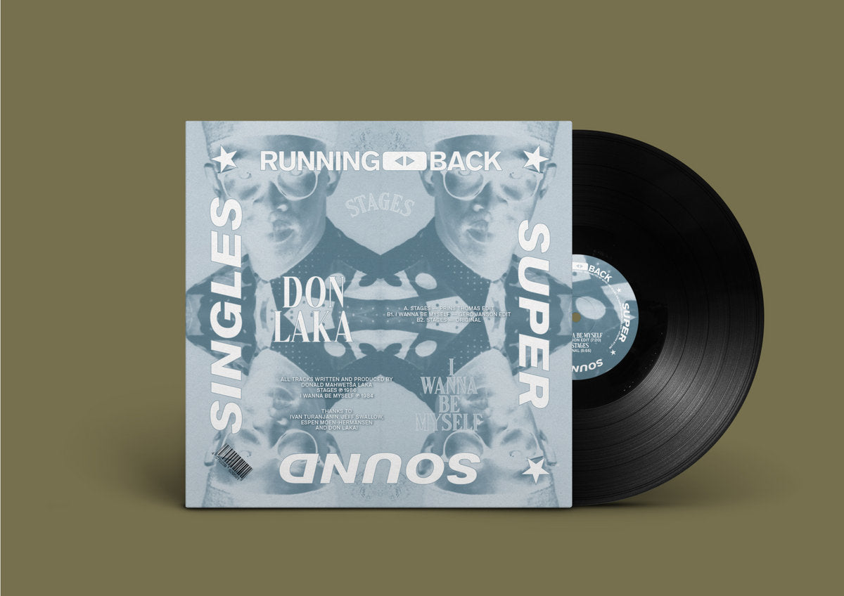 Contraportada del vinilo 12" Don Laka – Stages / I Wanna Be Myself, listado de pistas, créditos y diseño espejado con el disco fuera de la funda.