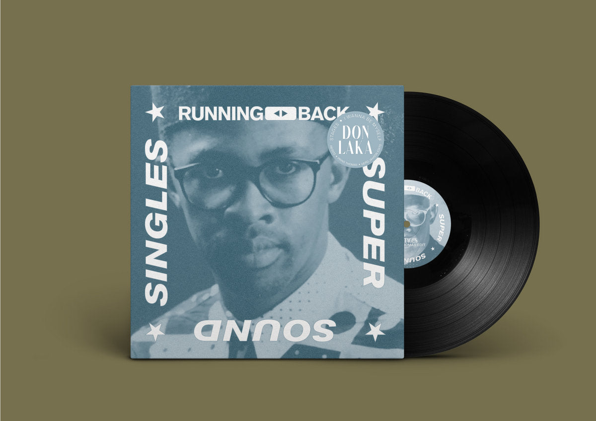 Portada del vinilo 12" Don Laka – Stages / I Wanna Be Myself en Running Back, funda azul con retrato, logo circular y disco parcialmente visible.