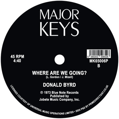 Etiqueta central lado B del vinilo Donald Byrd – Think Twice / Where Are We Going?, mostrando pista, duración y sello Major Keys.