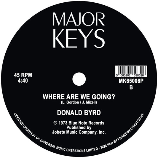 Etiqueta central lado B del vinilo Donald Byrd – Think Twice / Where Are We Going?, mostrando pista, duración y sello Major Keys.